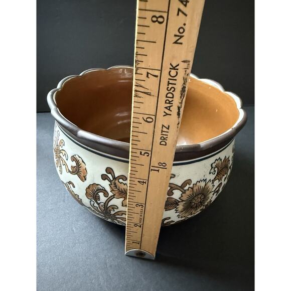 Vintage Stoneware Pottery Ruffle Bowl Brown Beige Glazed Scalloped Handcrafted - Picture 10 of 10